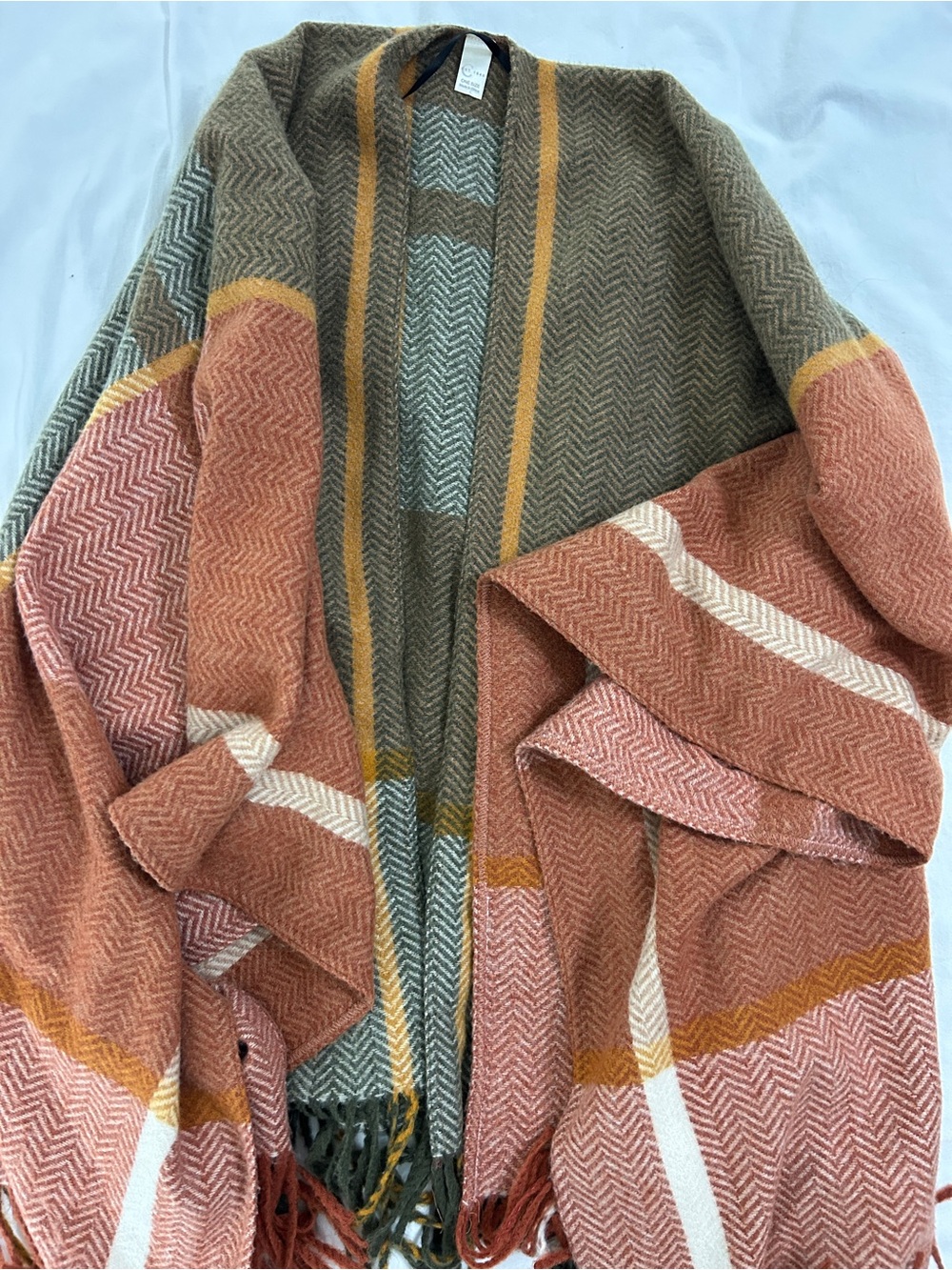 Open-Front Striped Poncho in Rust, Olive & Cream